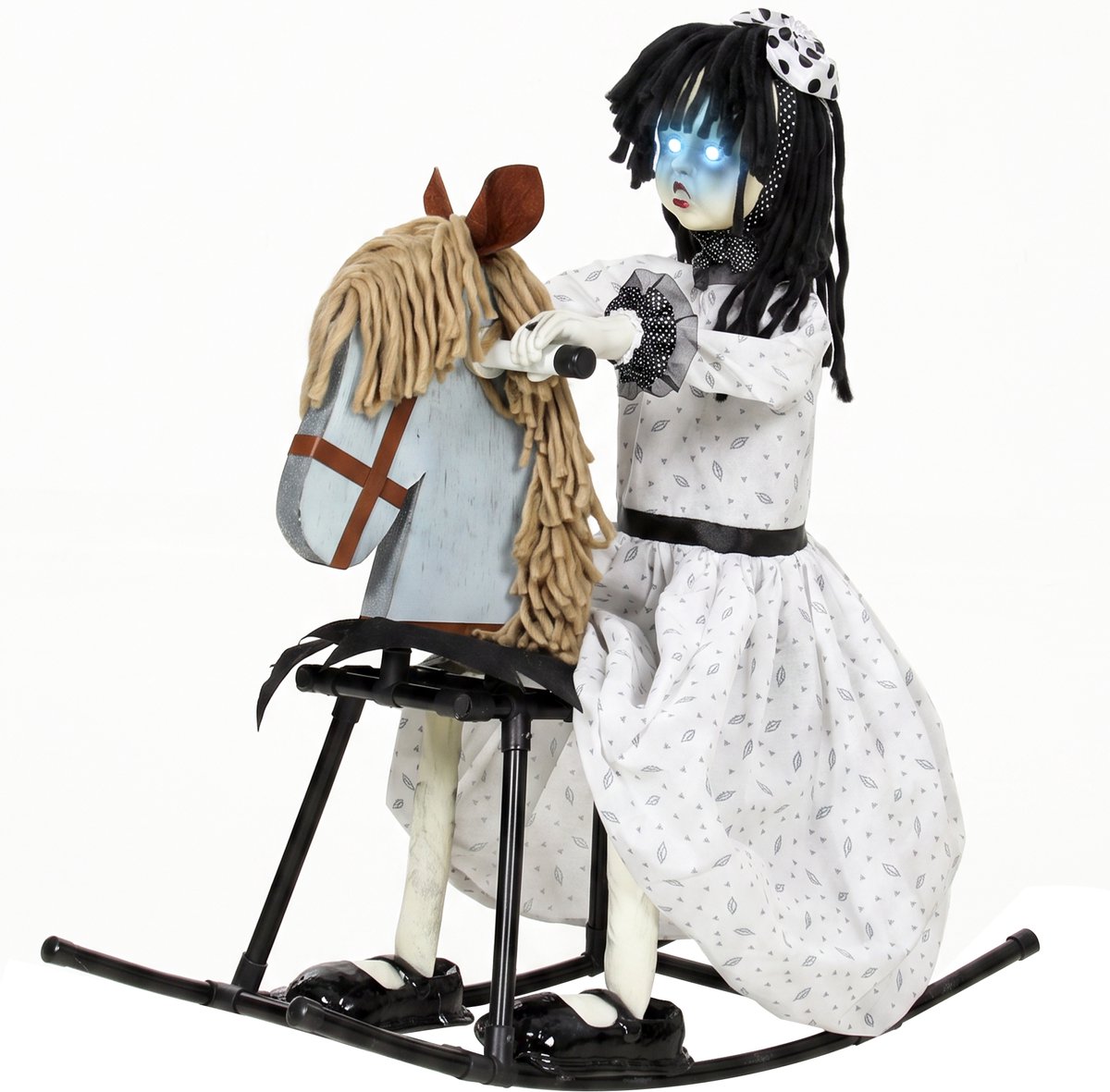 TEKROA® Halloween decoratie - Halloween-decoratie horrorpop – LED-ogen –meisje op een paard - Halloween-animatronic met griezelige rijmpjes - geactiveerd door geluid/aanraking