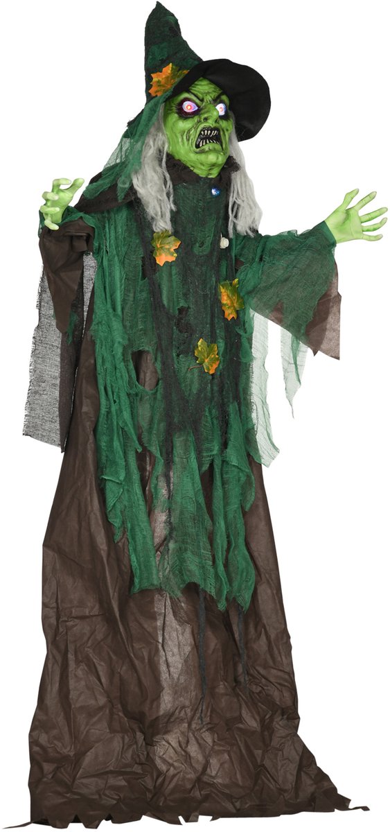 TEKROA® Halloween-heksdecoratie van - LED-ogen - geactiveerde decoratie voor buiten - met oplichtende en magisch hart - geluidsgeactiveer - 60L x 18W x 183Hcm