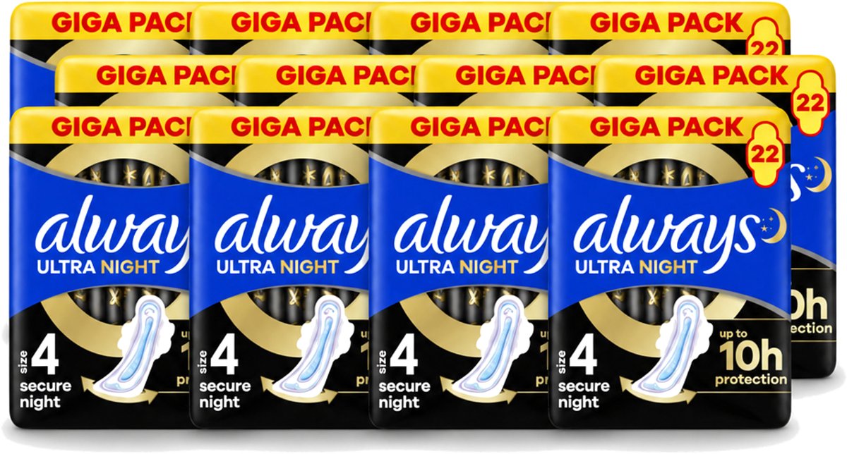 12 x Always – Maandverband – Ultra Secure Night – 22 stuks - Voordeelverpakking - 12 stuks