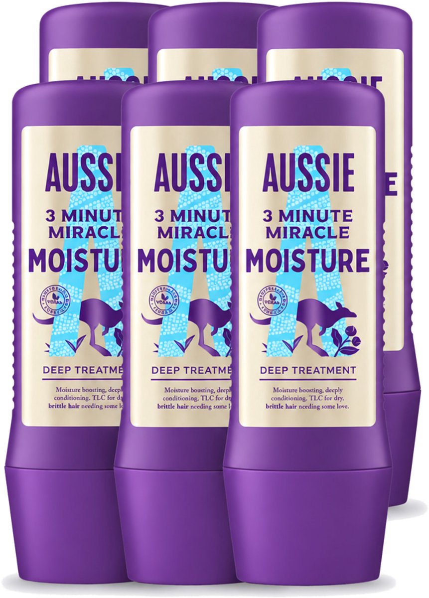 6 x Aussie - Haarmasker - 3 Minute Miracle Moisture - Intensief - Vegan Verzorging - 225 ml - Voordeelverpakking - 6 stuks