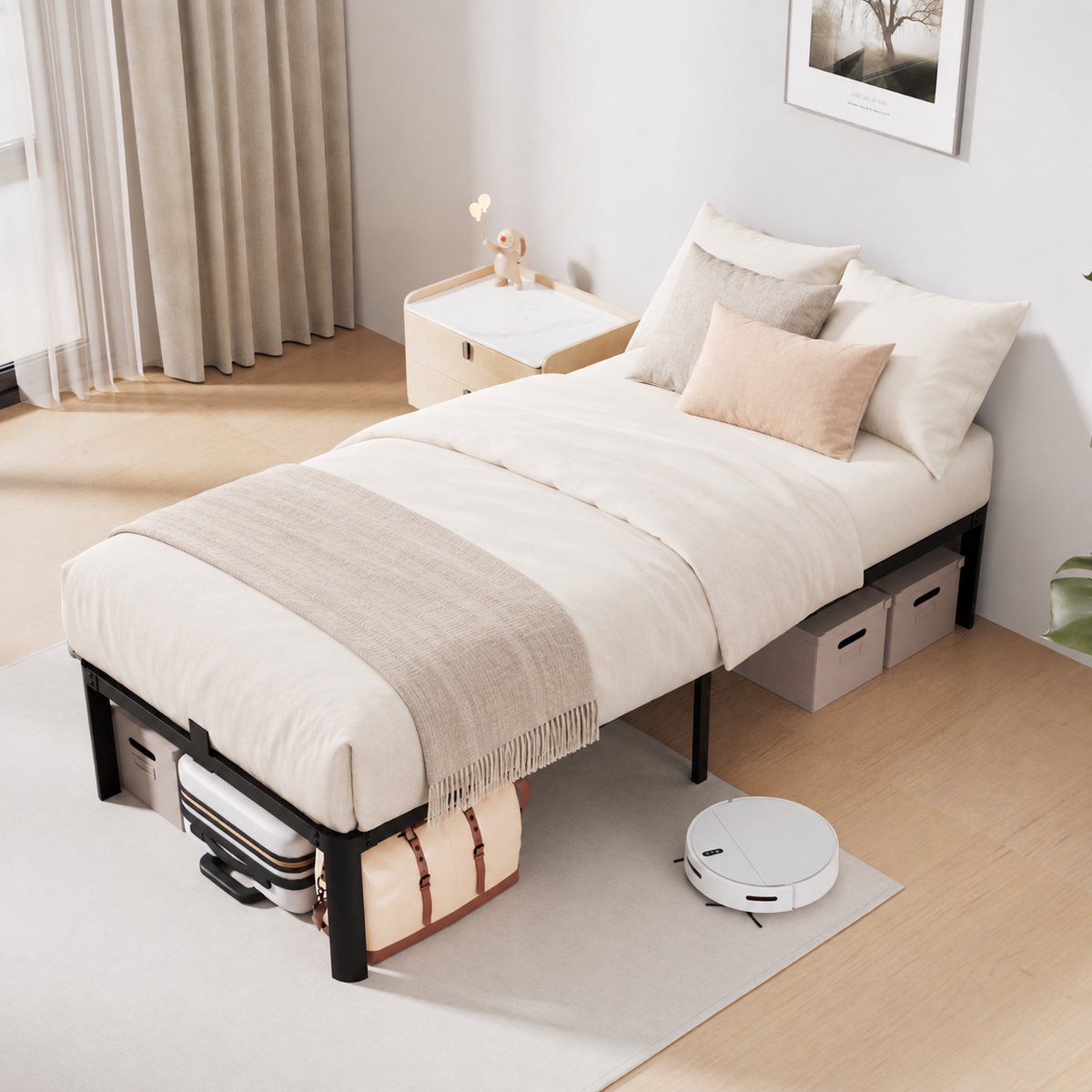 KUTAS 1 Persoons Bed 90 x 200 cm - Eenpersoonsbed - Metalen Bedframe - Grote Opbergruimte - Stevig - Stil & Antislip - Eenvoudige Montage - Minimalistisch Design - Zwart