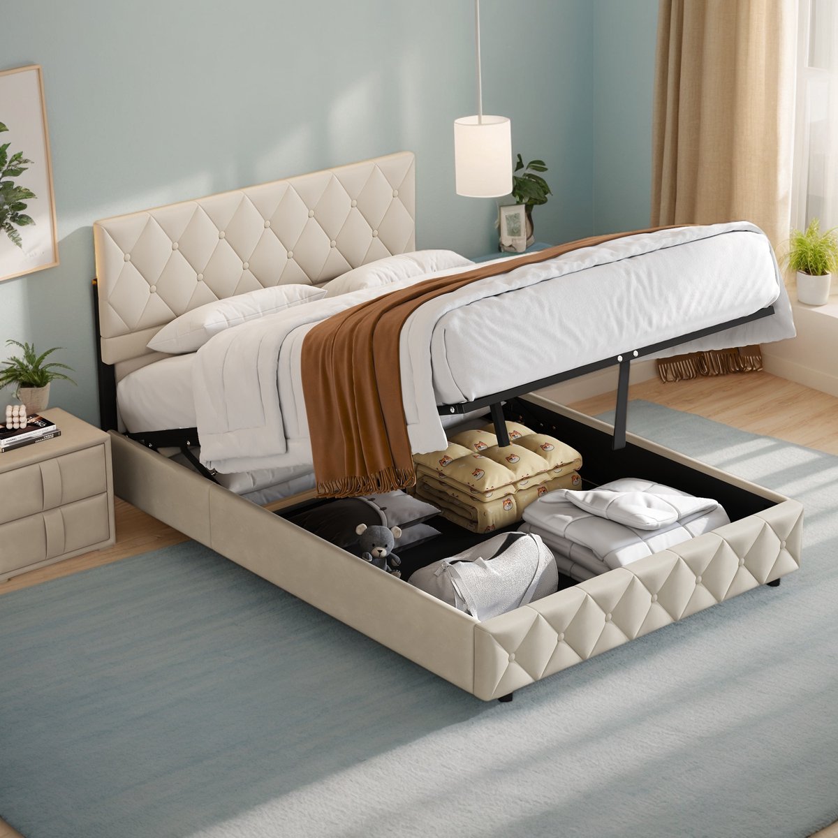 OKWISH Opbergbed 160x200 - Tweepersoonsbed - Gestoffeerd Bed - Stevig Bedframe - Hydraulisch Dubbelhub - Beige