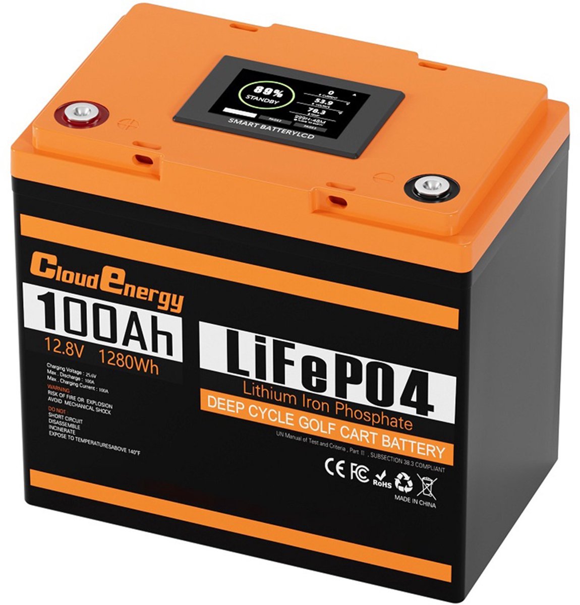 Cloudenergy 12V 100Ah LiFePO4 back-upbatterij, 1280Wh, 6000+ cycli, 100A BMS, LCD, serie/parallel, voor camper, boot, zonne-energie, trollingmotor en off-grid.