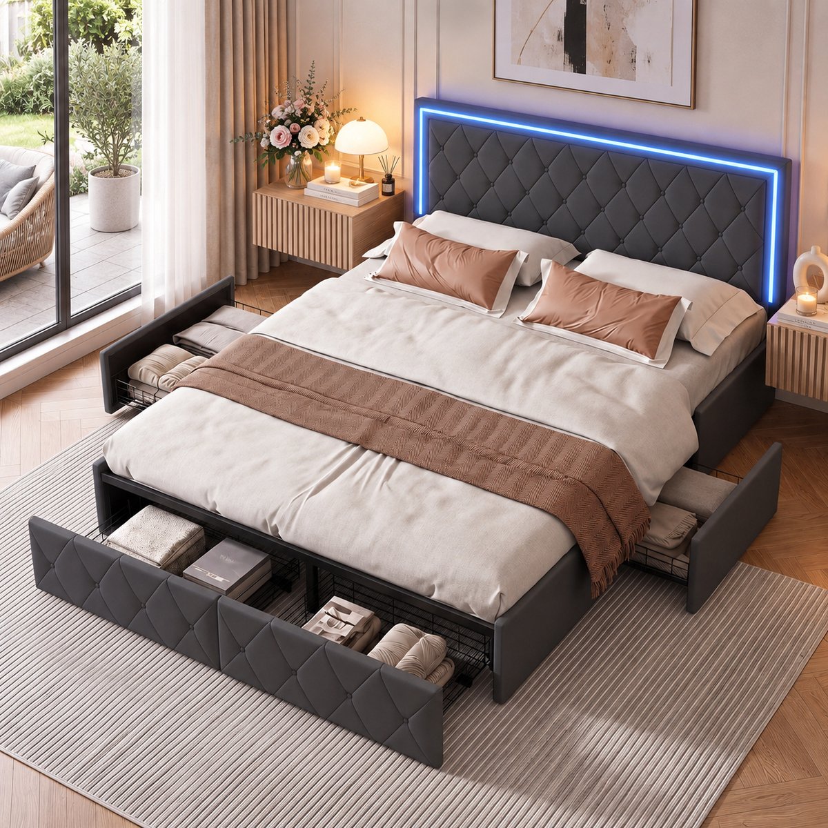 MEXUS Gestoffeerd bed 140x200 cm met LED-verlichting, Tweepersoonsbed met 4 opberglades, bedframe met lattenbodem, 2-persoonsbed, matras niet inbegrepen, PU, Grijs