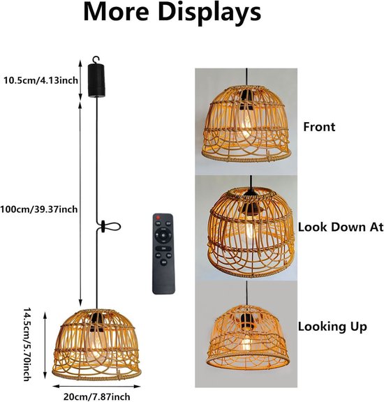 Rotan Hanglamp op Batterij – Warm Licht E27 – Afstandsbediening – Werkt op 4 AA-batterijen (niet meegeleverd) – Voor Tuin & Camping — afbeelding 2