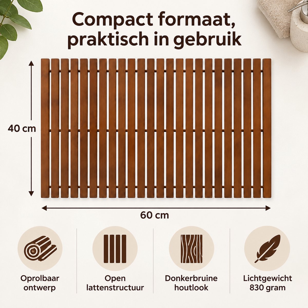 Houten Douchemat 40 x 60 cm – Oprolbare Badmat van Hout – Donkerbruin – Houten Badkamermat voor Douche & Badkamer – Donker Bruin — cadeau in Wonen & Interieur - foto 6
