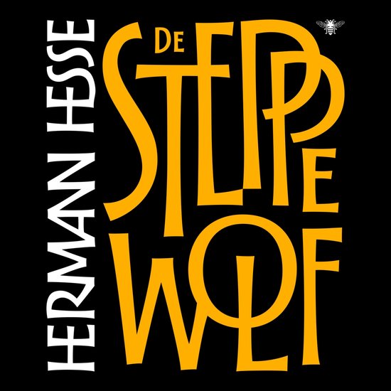 Boekomslag 'De Steppewolf' van Hermann Hesse met gele letters en een kleine bij.