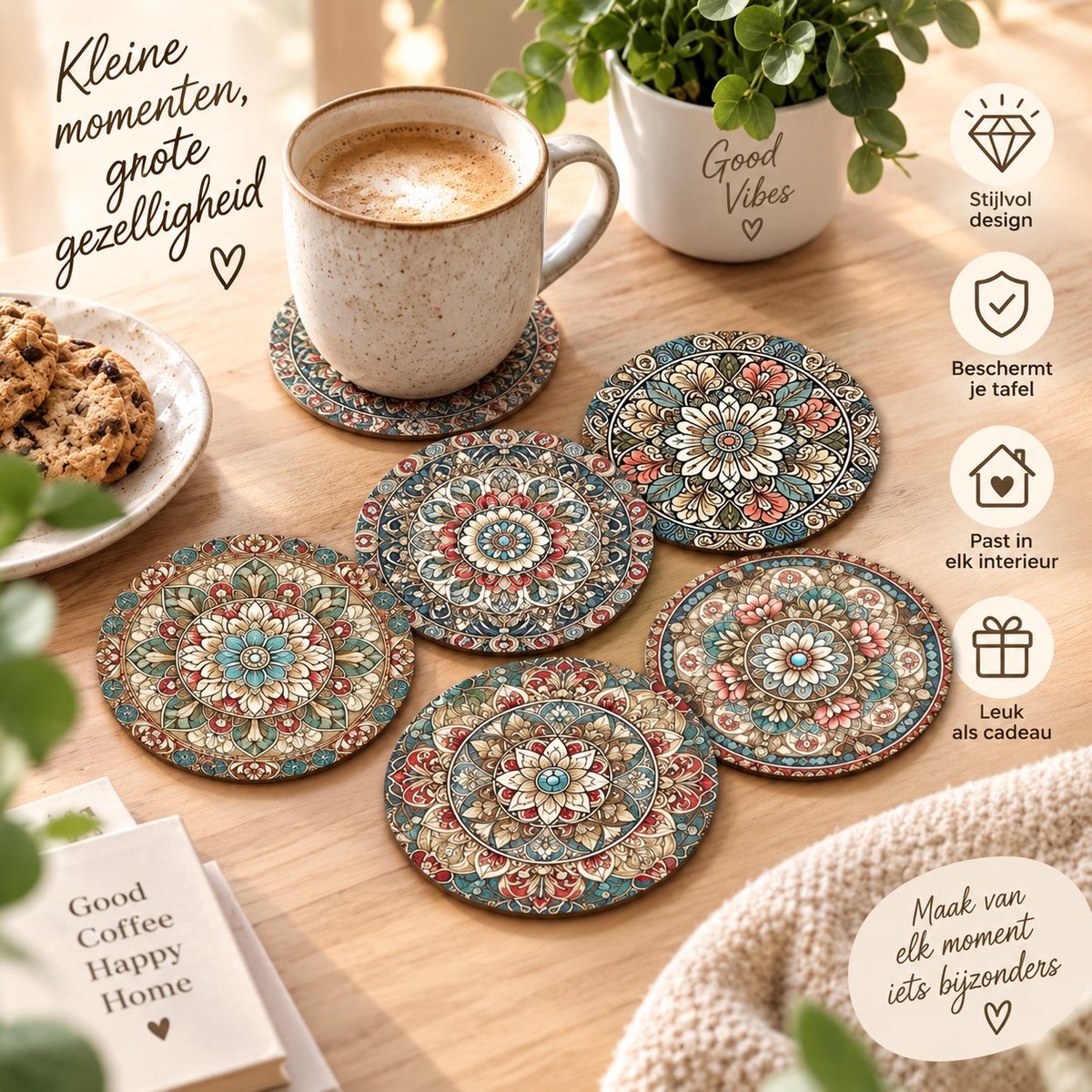 Mandala Zen onderzetters - 6 stuks - Onderzetters - Bohemian - Coasters - Onderzetters glazen - Houten onderzetters - Onderzetters voor glazen - Onderleggers voor glazen of Kopjes - Verjaardagscadeau - cadeau moederdag - cadeau vaderdag - Cadeau