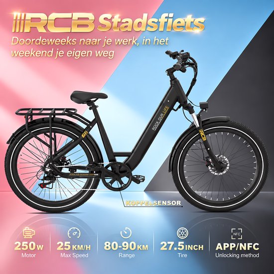 RCB 27.5‘’Elektrische Fiets dames, 60-90 km Trendy City Commuter EBike, 250W,7 versnellingen,met App en NFC van RCB — afbeelding 5