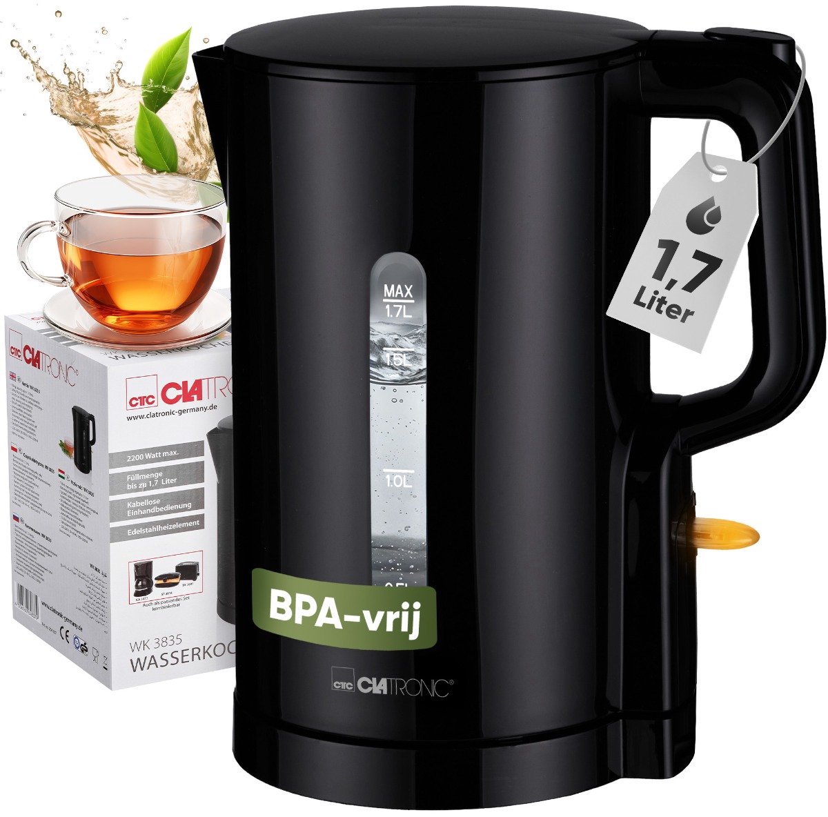 Clatronic WK 3835 - Waterkoker - 1.7 liter- Zwart - 2200 W -BPA vrij