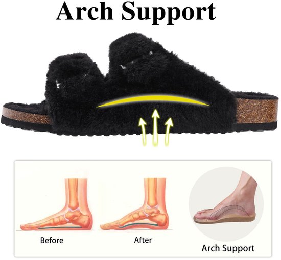 Zwarte pluche slipper met kurken zool en diagrammen die de boogondersteuning tonen.