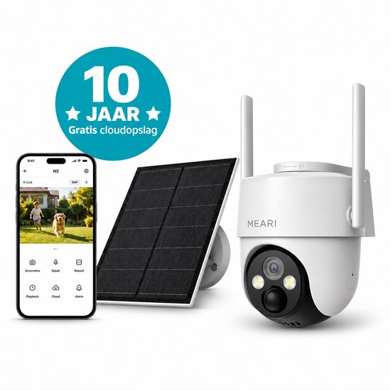 MEARI N2 beveiligingscamera met zonnepaneel en smartphone. 10 jaar gratis cloudopslag.