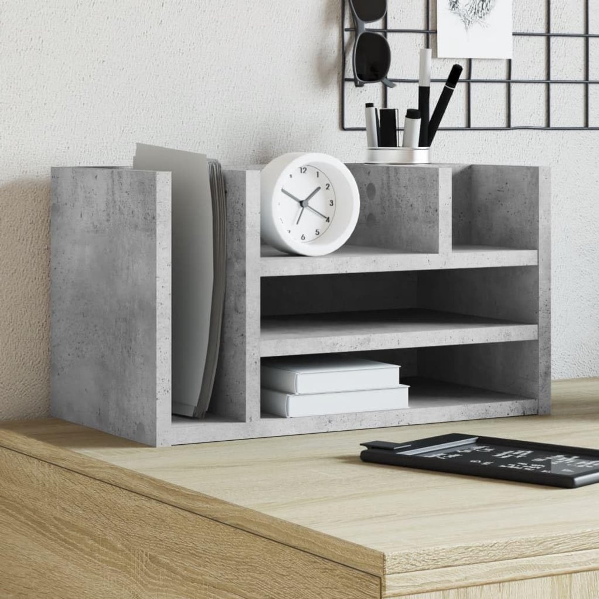Bureau-organizer van houtmateriaal, 6 vakken voor documenten en kantoorbenodigdheden, opbergsysteem voor kantoor en werkkamer, betongrijs, 44,5 x 24 x 25 cm