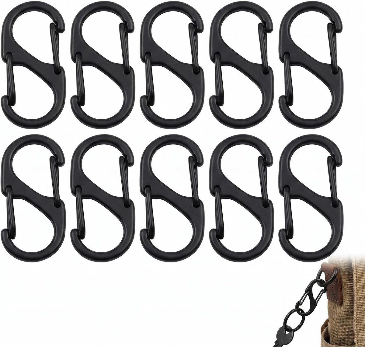 10 stuks S-karabijnhaken 31 mm, mini-dubbele karabijnhaak zwart, S-vormige karabijnhaak van metaal, dubbele karabijnhaak voor sleutels, outdoor, camping, wandelen en reizen