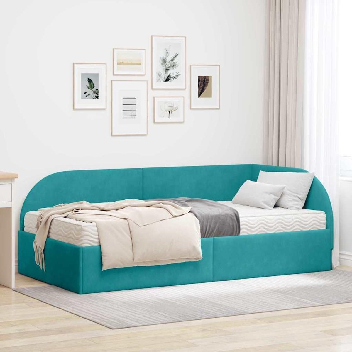 Fluwelen hoekbedframe met schuimmatras, hoekbed met hoofdeinde, modern rechthoekig ontwerp, eenvoudige installatie