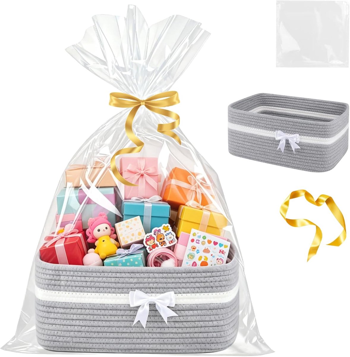Geschenkmand groot - leeg gevlochten met handgrepen - inclusief strik en cellofaanzakje - ideaal voor feestdagen - ShopVlot