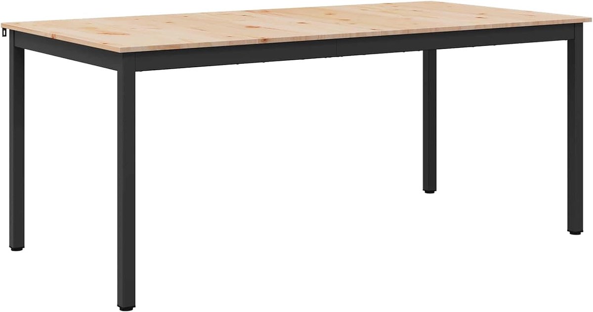 Eettafel, natuur, 140 x 80 x 75 cm, van massief grenenhout met vierkante metalen poten, rechthoekige eettafel voor eetkamer en keuken, onderhoudsvriendelijk en eenvoudig