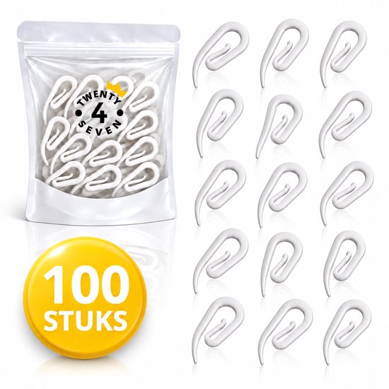Een zak met 24 witte gordijnhaken en een gele sticker met "100 STUKS". Naast de zak worden 12 witte gordijnhaken getoond.