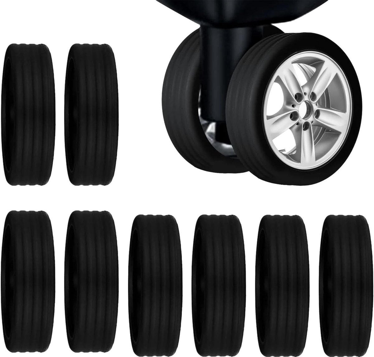 Set van 8 Stuks Koffers Wielen Bescherming, Silicoon Geluiddempende en Schokabsorberende Trolleyhoes voor Handbagage met Spinner Wielen (Zwart)