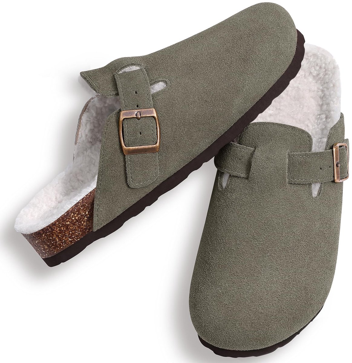 Olanly - Unisex Clogs - Warme Dames Winter Pantoffels - Koe suède - Houten Cogs -Groen - 38 - Geschikt voor een voetlengte van 23.5cm