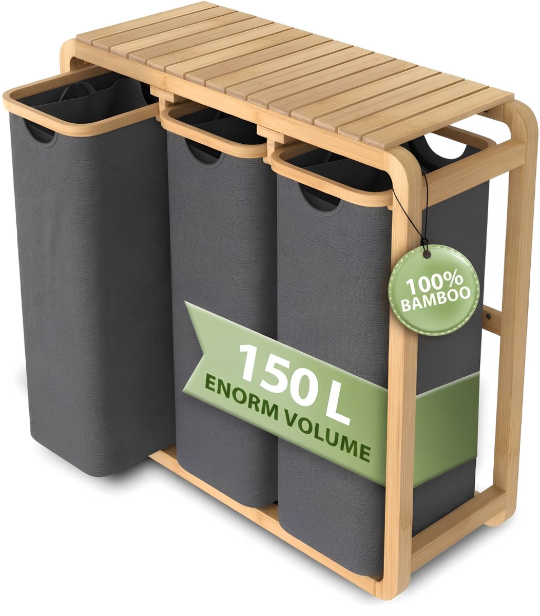 KLS® Wasmand 3 Vakken - Wasmand - Wasmanden - Zwart - 82cm x 31cm x 78cm