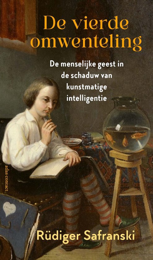 Boekomslag: Jongen met pen in hand bij een tafel met een boek en vissenkom. Titel: De vierde omwenteling.