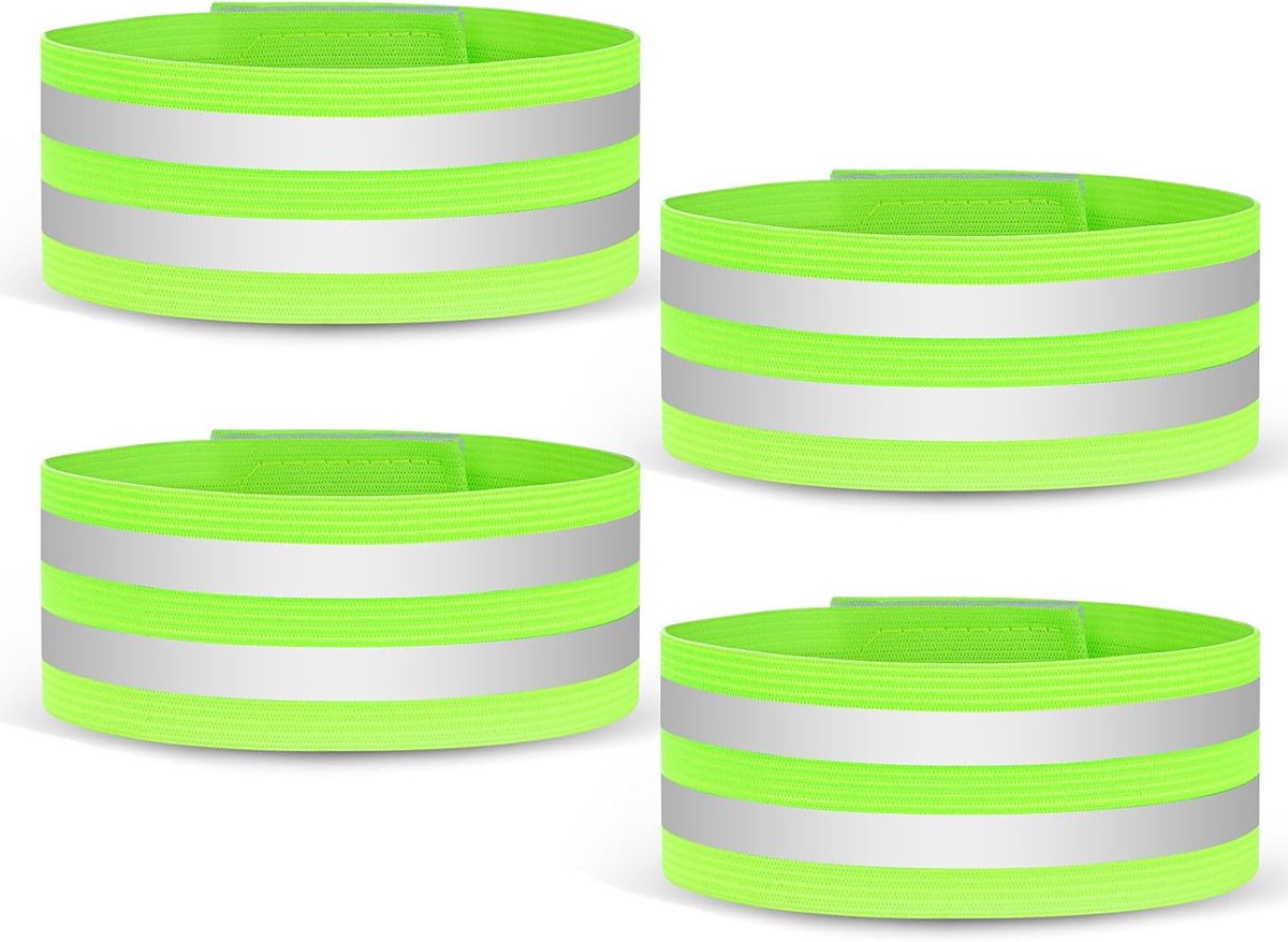 Reflecterende Veiligheidsbanden – Fluorescerende Reflectiebanden met Klittenbandsluiting – Voor Hardlopen, Fietsen, Wandelen en Hond Uitlaten in het Donker – Reflecterende Accessoires voor Kinderen en Volwassenen – Groen – 35 cm – 4 Stuks
