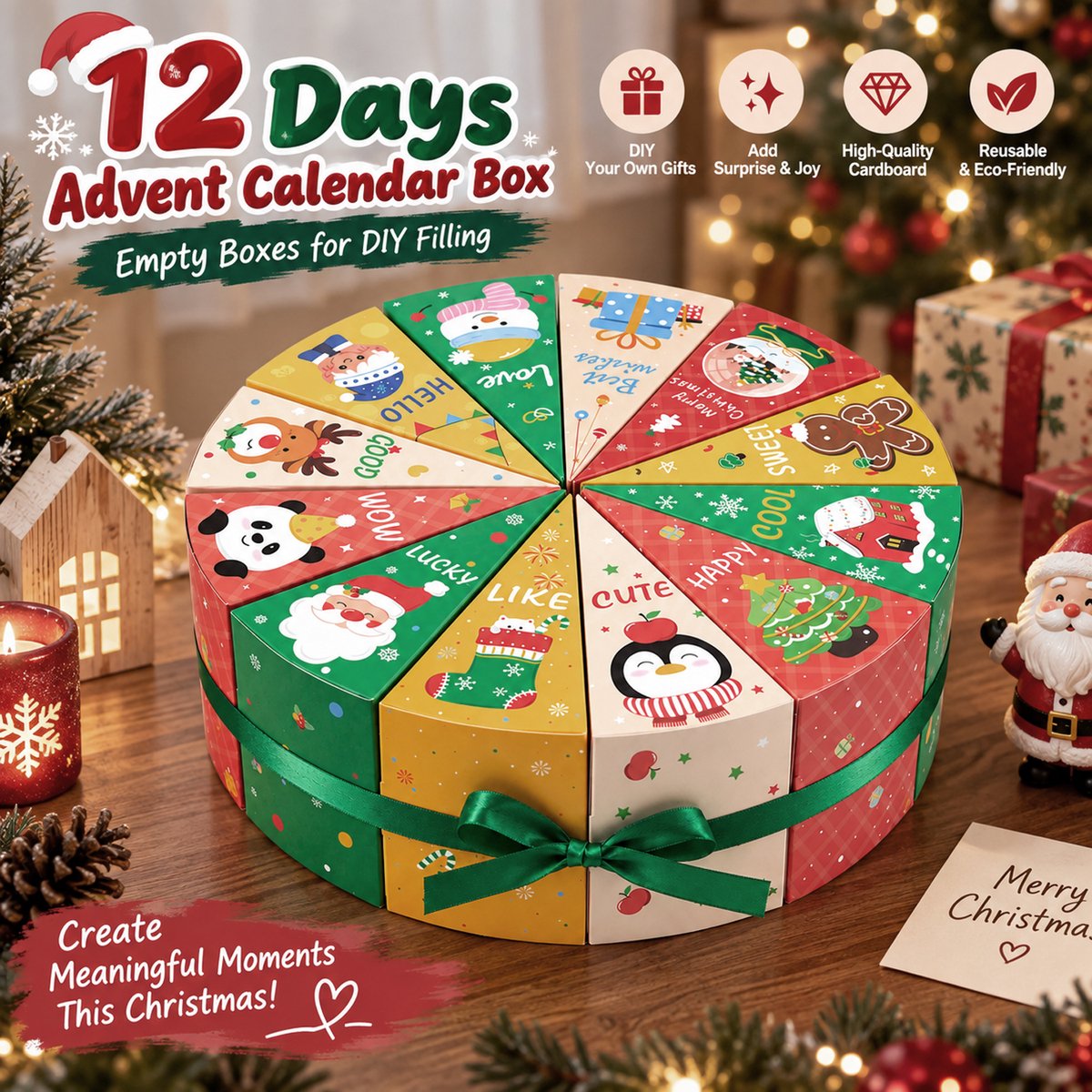 12 stuks kerstcadeaudoosjes - Adventskalender doosjes - Kerst geschenkdoosjes 11 x 5,5 x 7,5 cm - Met groen lint - DIY kerstcadeauverpakking voor kleine cadeaus en snoep – foto 5