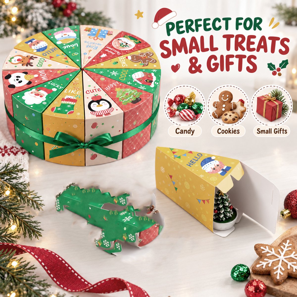 12 stuks kerstcadeaudoosjes - Adventskalender doosjes - Kerst geschenkdoosjes 11 x 5,5 x 7,5 cm - Met groen lint - DIY kerstcadeauverpakking voor kleine cadeaus en snoep – foto 2