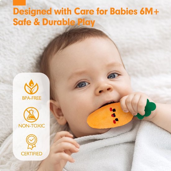 Baby Speelgoed 6-12 Maanden - Fruit en Groenten Tuin Plant Boerderij Pluche - Montessori Sensorisch Speelgoed voor 6 Maanden - Wortel en Bloem met Ramelaar, Spiegel, Pieper en Knisper - Cadeau voor Baby's 9 Maanden - Stimuleert Zintuigen en Motoriek van casalora — afbeelding 2
