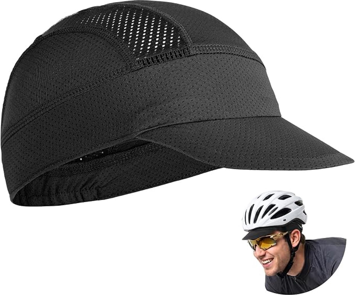 Fietspet zomer - Fietsmuts onder helm - Koelende sportcap outdoor - Ademend meshweefsel - Zweetafvoerend sneldrogend materiaal - Opvouwbare zonneklep - Zwart - Uniseks elastische pasvorm