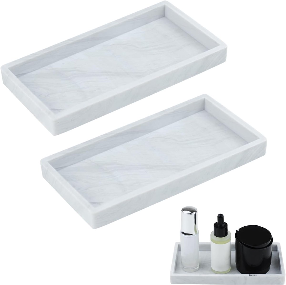 Badkamer dienblad set - Siliconen organizer - Dienblad voor zeep - Opbergbak badkamer - Marmerlook rechthoekig - Voor cosmetica en kaarsen - Geschikt voor kaptafel - Marmer wit - 20 x 10 cm - Hoogte 2 cm