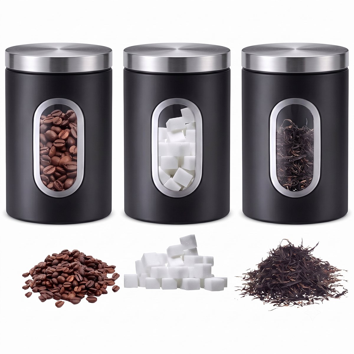 Voorraadbussenset - 3 Stuks - RVS Koffiebussen - Luchtdicht - Met Kijkvenster - Voor Koffiebonen - Thee - Suiker - 17,5 x Ø 11 cm - Zwart