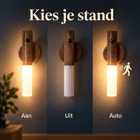 Cheqo® Nachtlampje met Bewegingssensor - Draadloze Wandlamp - LED Nachtlamp - USB Oplaadbaar - Magnetisch - Sensor Lampje - Muurlamp Binnen - Trapverlichting - Kastverlichting - Bedlamp voor Slaapkamer en Kinderkamer - Warm Wit - Houten Wandlamp van Cheqo® — afbeelding 4