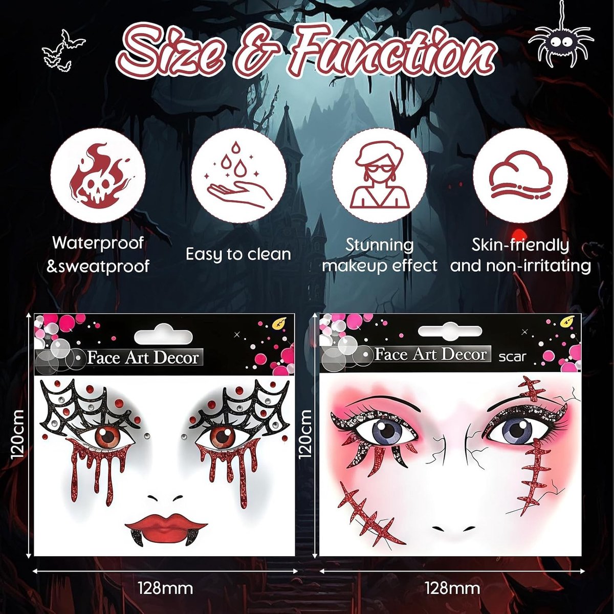 2-delige Spider Weave en Scars Gezichts Tattoo Set voor Halloween, Horror Kostuum Accessoires voor Carnaval en Feestjes