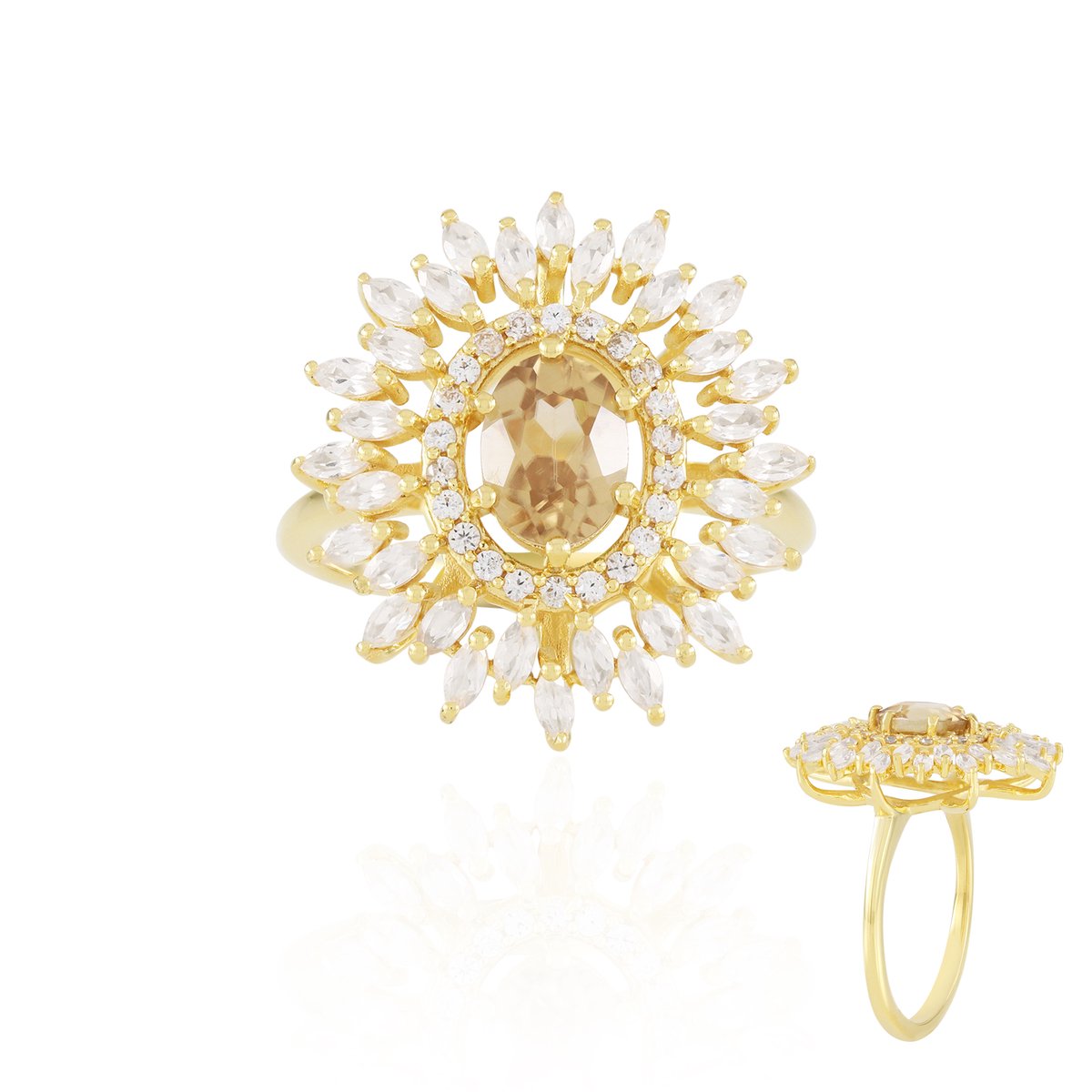 Cavill - Luxe Avondring in 925 Sterling Zilver Verguld - Mandarijn Zirkon 1,419 ct - Ovaal Briljant & Marquise Rond - Maat 17 & 18