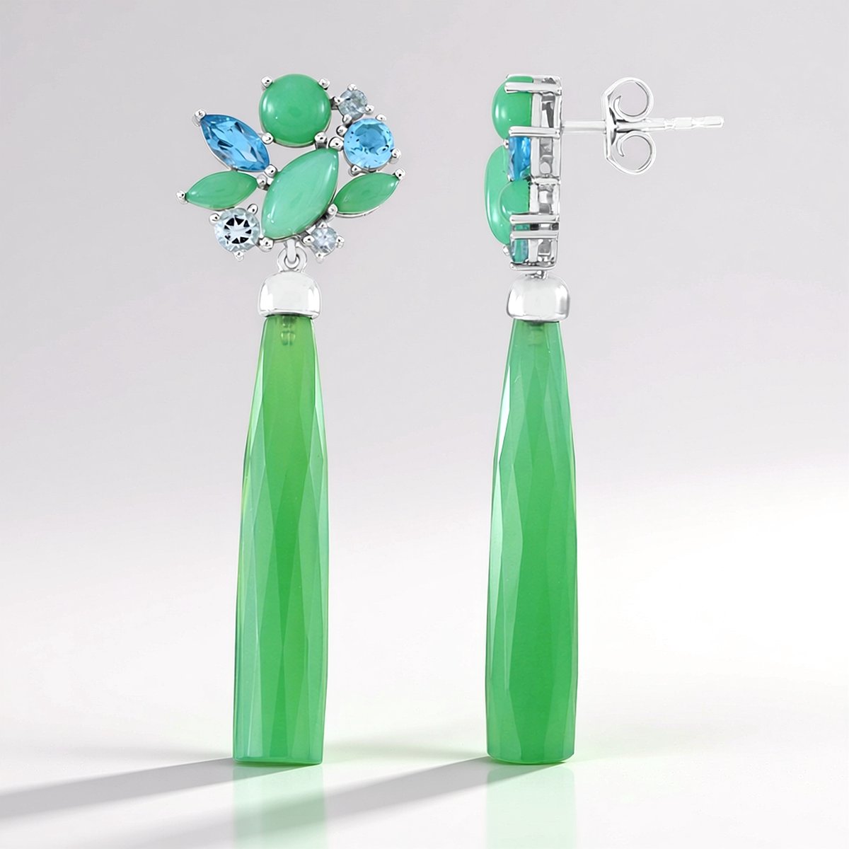 Cavill - 925 Sterling Zilver Oorbellen - Groene Chalcedoon 17,1 ct & Blauwe Topaas 0,99 ct - Elegante Bloem Sieraden voor Dames