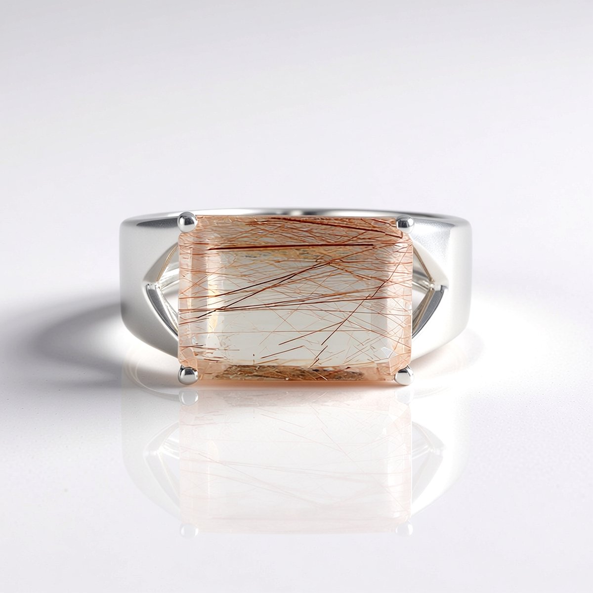 Cavill - Luxe Zilveren Ring - 925 Sterling Zilver met 6,215 Karaat Koperkleurige Rutielkwarts - Achthoekige Braziliaanse Edelsteen - Rhodium Afwerking