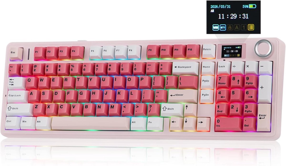 Draadloos Mechanisch Toetsenbord met Slim Scherm, 8000mAh Batterij, Hot-Swappable Switches en RGB Verlichting in Wit en Roze