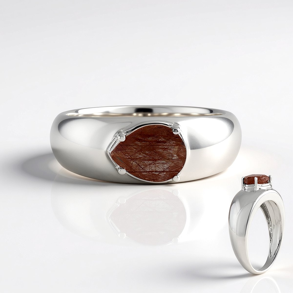 Cavill - 925 Sterling Zilver Ring - Gerhodineerd - 1,258 ct Peervormige Koperen Rutielkwarts - Elegante Open Band - Luxe Braziliaanse Edelsteen