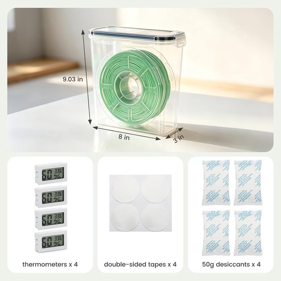 4-delige filamentopslagdoos set – 4L luchtdicht met thermohygrometers, desiccant en labels voor 1.8 mm PLA ABS PETG TPU spoelen van 1 kg — afbeelding 3