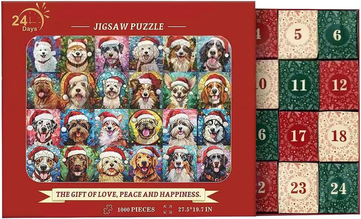 Adventskalender 2026 - Adventskalender - 24 daagse aftelkalender - Kerstaftelpuzzel met hondenthema voor volwassenen en kinderen - Aftelkalender en kerstpuzzel voor volwassenen en kinderen - Cadeaus voor hondenliefhebbers - E