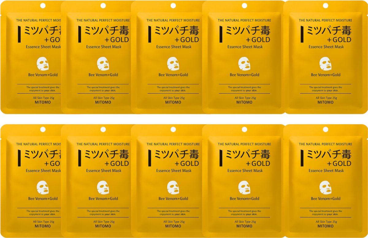 Mitomo Gold & BeeVenom Gezichtsmasker - Japans Gezichtsmasker Verrijkt Met o.a Hyaluronzuur - Oligopeptide1 - Glycerine - Face Mask - Gezichtsverzorging Vrouw - Mask J-Beauty Skincare Ritual - 10 Stuk