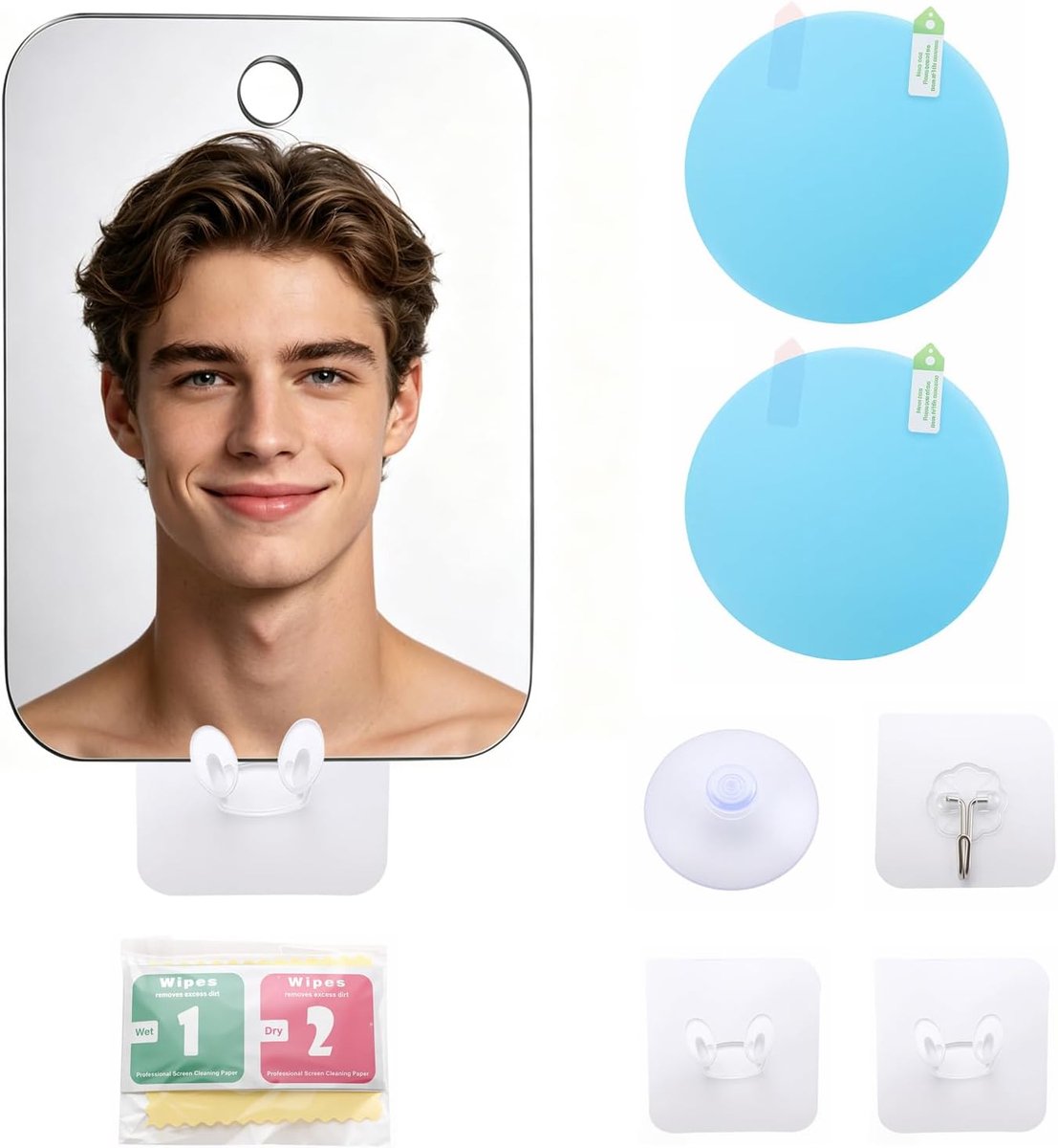 1 set douchespiegel met zuignap, condensvrij om te scheren, inclusief 3 kleefhaken, voor douche, badkamer, reizen, 17 - ShopVlot