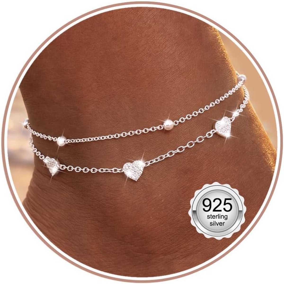 Anklets voor vrouwen verstelbaar - 925 sterling zilver - gelaagd met CZ hartjes en vlinders - perfect voor het strand - ShopVlot