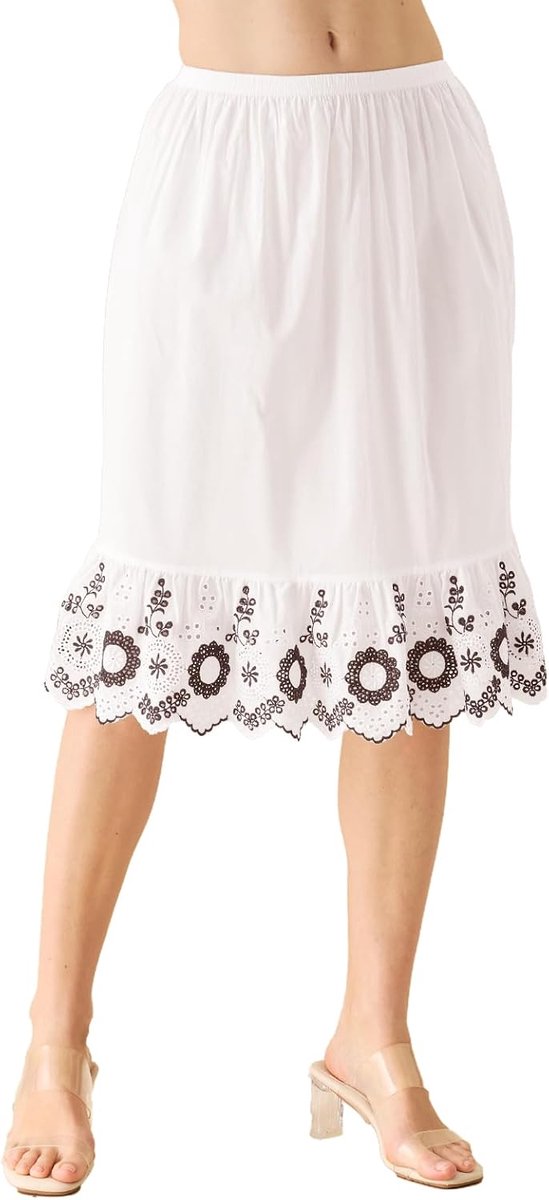 BEAUTELICATE Cotton Boho Underskirt with Black Lace Elastic Suitable for Summer Dresses and Skirt 60cm - ShopVlot