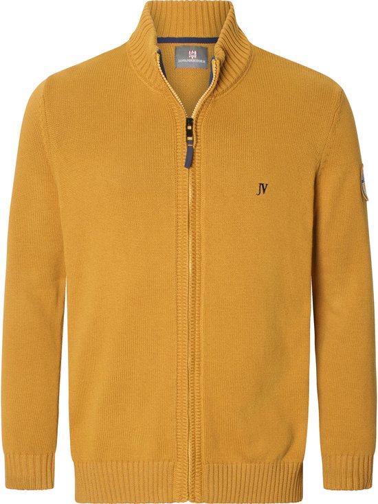 Donkergeel vest met opstaande kraag, ritssluiting, en 'JV' logo op de borst.