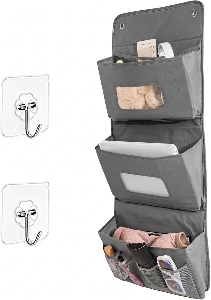 SnelShoppen - Hangende Organizer 3-laags met 4 Kleine Vakken, Wasbaar Kastorganizer voor Cosmetica, Opvouwbare Wandorganizer met 3 Kleefhaken voor Deu