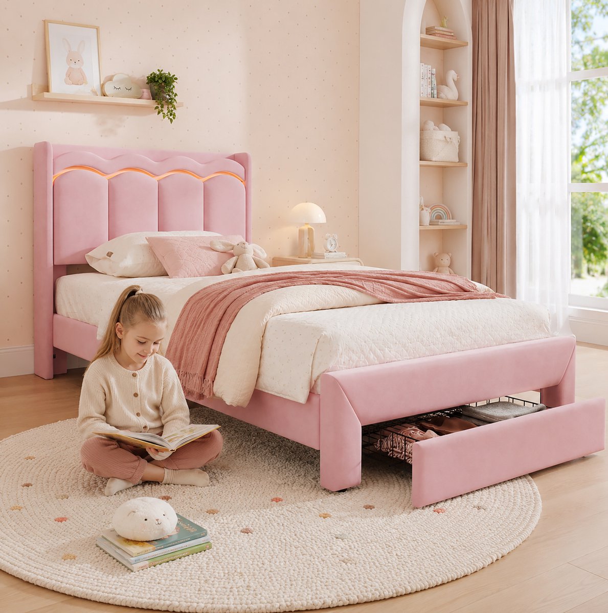 STILVORA Gestoffeerd Kinderbed 90x200 cm – Zacht Fluwelen Hoofdbord Met Ledverlichting Via App – Bedlade En Opbergrek – Zonder Matras – Roze