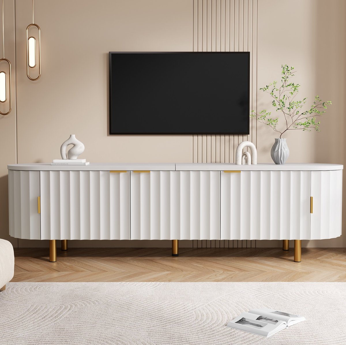MIVRAY TV-Meubel - Vijf Deuren Met Geribbelde Fronten - Afgeronde Zijden Voor Woonkamer - MDF - 170x40x47 Cm - Wit